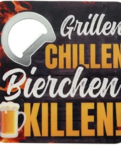 Bierdeckel mit Flaschenöffner Grillen CHILLEN Bierchen KILLEN 8,5cmx8,5cmx0,64cm